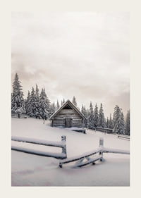 Photograph of wooden cottage in snow-covered landscape with fir trees-3