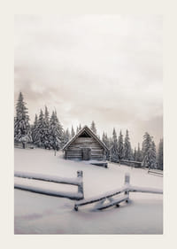 Photograph of wooden cottage in snow-covered landscape with fir trees-3