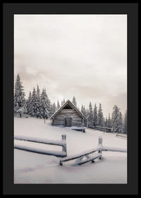 Photograph of wooden cottage in snow-covered landscape with fir trees-4
