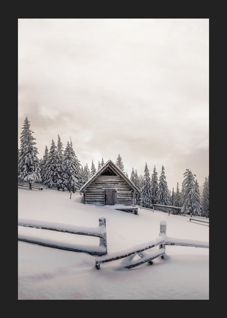 Photograph of wooden cottage in snow-covered landscape with fir trees-12