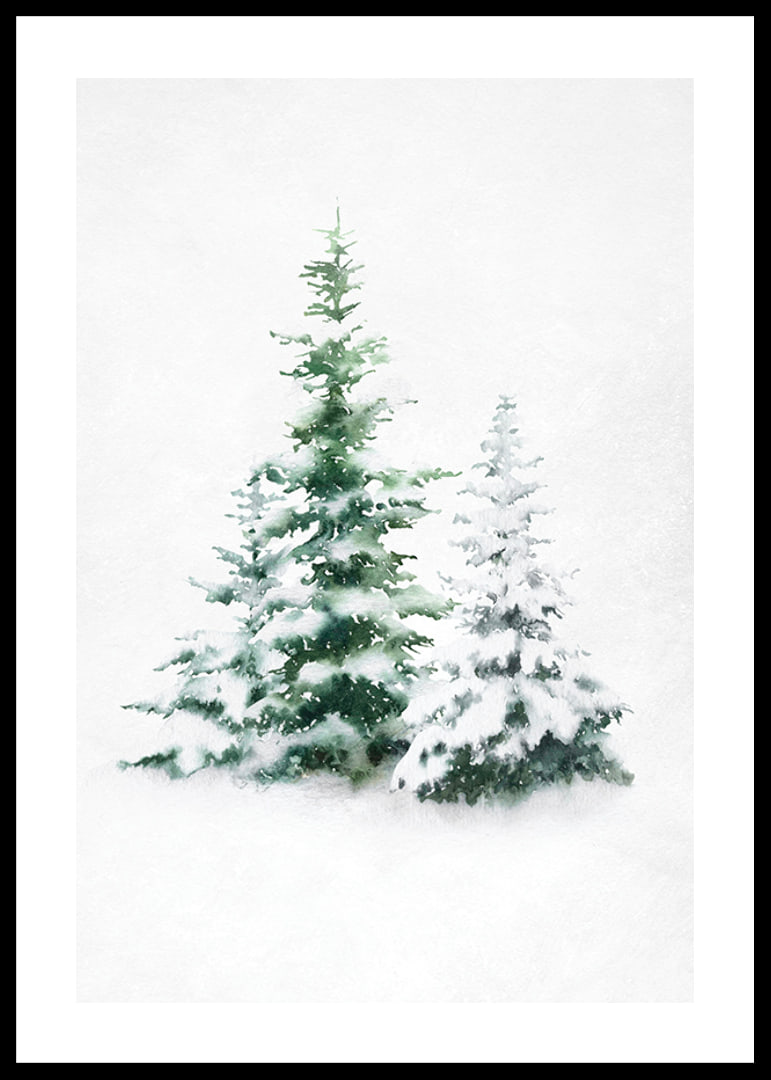 Aquarell von drei schneebedeckten Tannen auf hellem Hintergrund-12