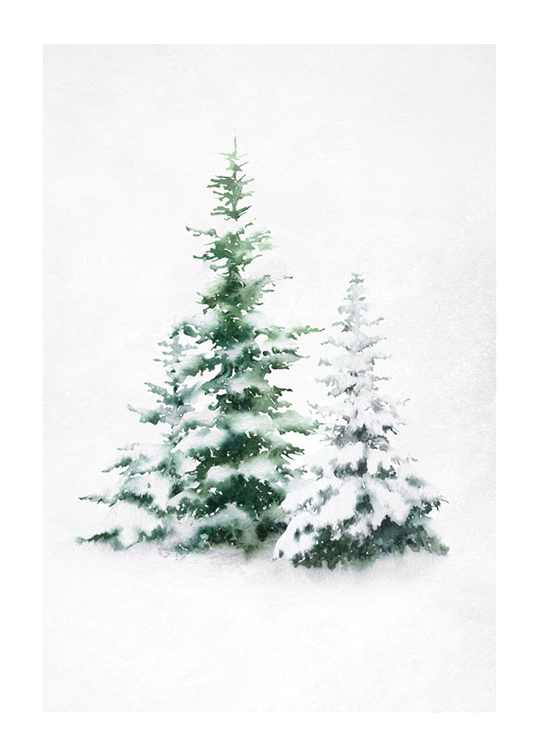 Aquarell von drei schneebedeckten Tannen auf hellem Hintergrund-12