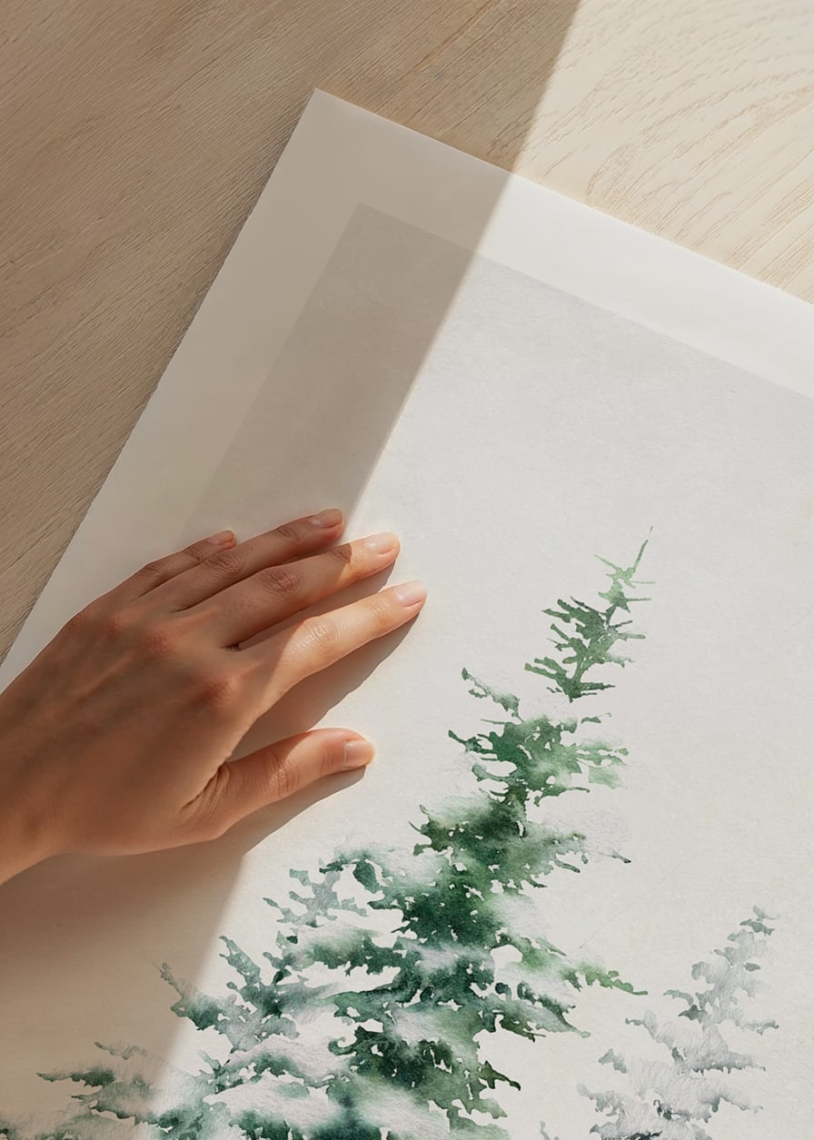 Aquarell von drei schneebedeckten Tannen auf hellem Hintergrund-12