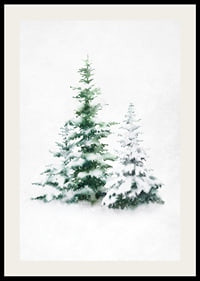 Aquarell von drei schneebedeckten Tannen auf hellem Hintergrund-2