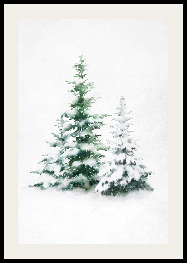 Aquarell von drei schneebedeckten Tannen auf hellem Hintergrund-12