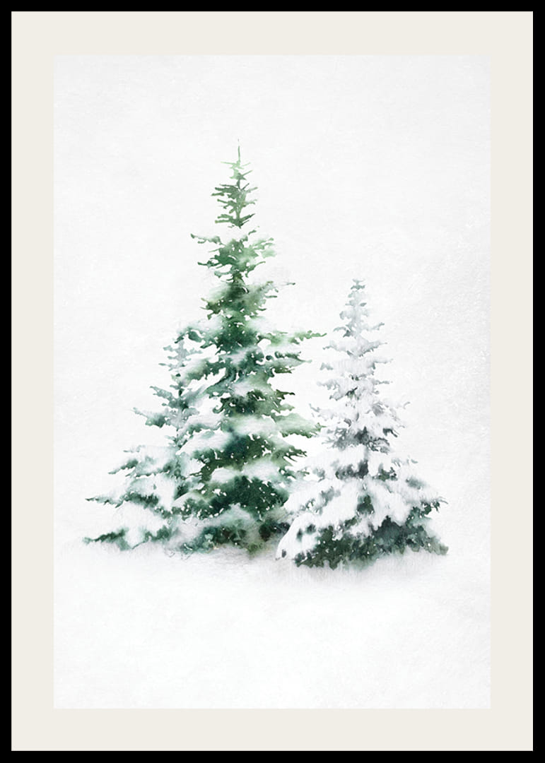 Watercolor of three snow-covered fir trees on light background-12