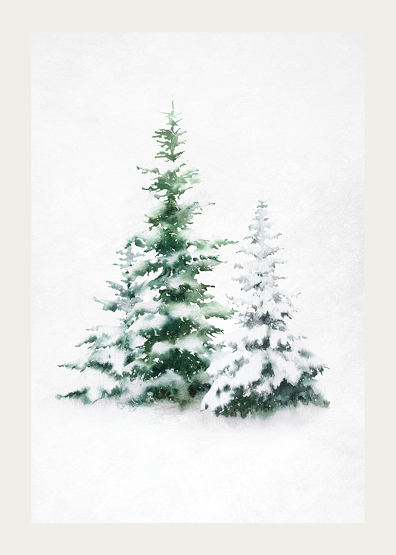 Aquarell von drei schneebedeckten Tannen auf hellem Hintergrund-12