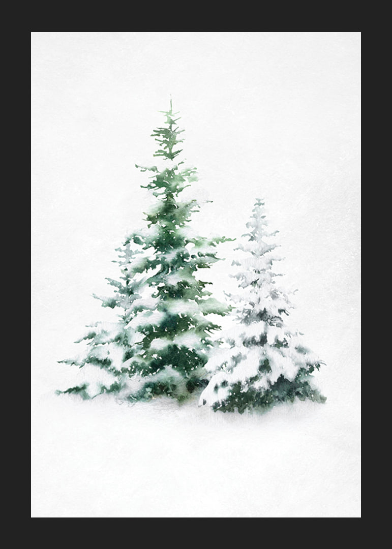 Aquarell von drei schneebedeckten Tannen auf hellem Hintergrund-12