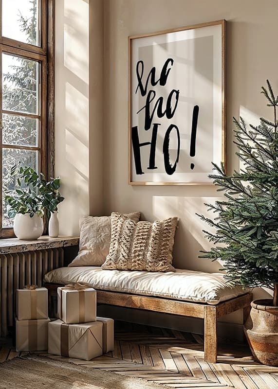 Grafisk textillustration med ho ho ho i svart på beige-12