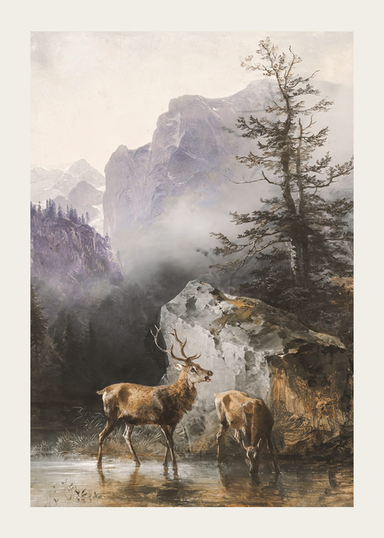 Hirsch Und Tier An Der Tränke By Friedrich Gauermann-12