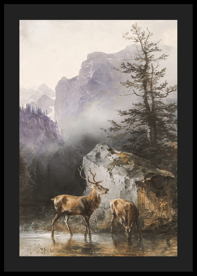 Hirsch Und Tier An Der Tränke By Friedrich Gauermann-12