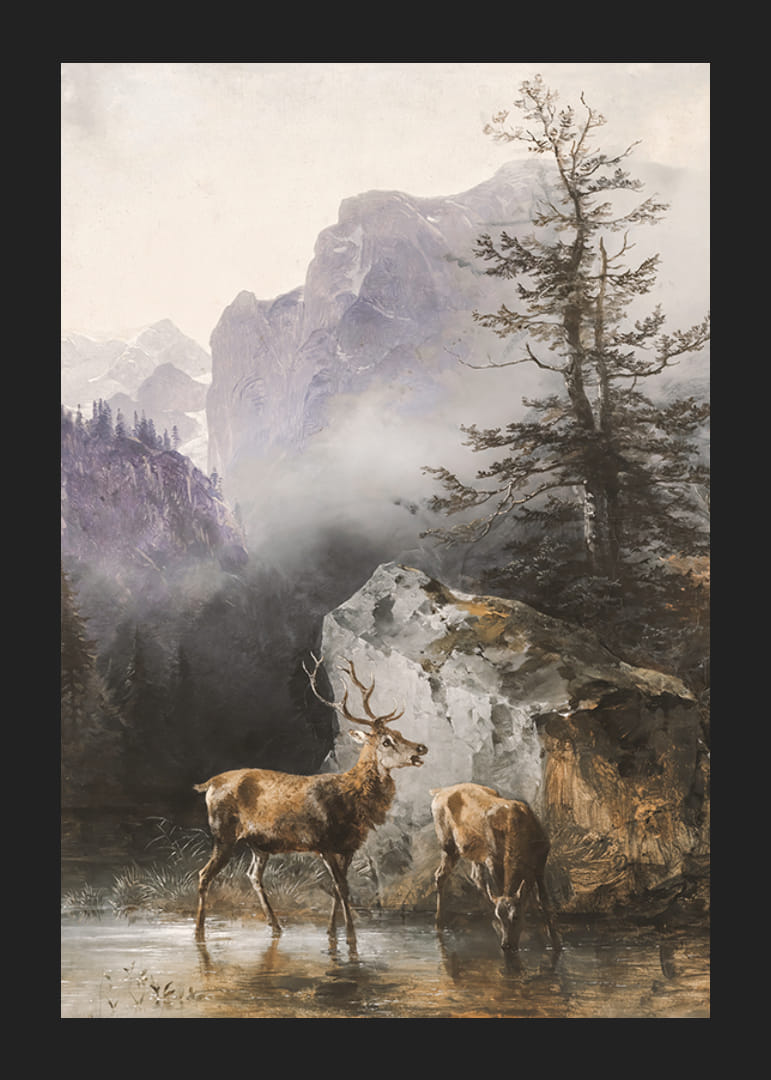 Hirsch Und Tier An Der Tränke By Friedrich Gauermann-12