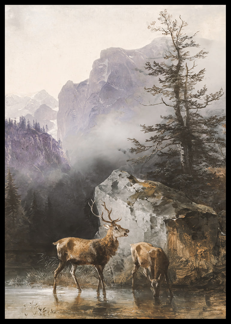Hirsch Und Tier An Der Tränke By Friedrich Gauermann-12