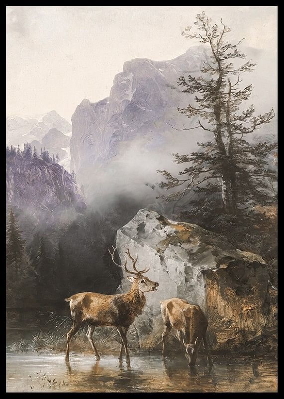Hirsch Und Tier An Der Tränke By Friedrich Gauermann-12