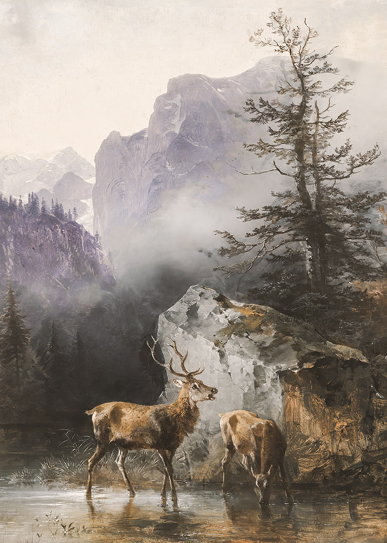 Hirsch Und Tier An Der Tränke By Friedrich Gauermann-12