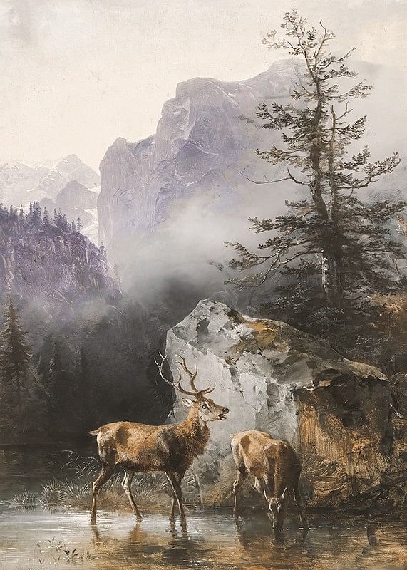 Hirsch Und Tier An Der Tränke By Friedrich Gauermann-12