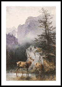Hirsch Und Tier An Der Tränke By Friedrich Gauermann-2