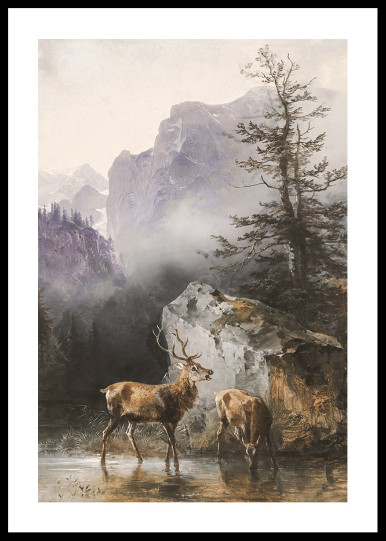 Hirsch Und Tier An Der Tränke By Friedrich Gauermann-12