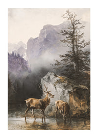Hirsch Und Tier An Der Tränke By Friedrich Gauermann-3