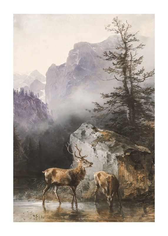 Hirsch Und Tier An Der Tränke By Friedrich Gauermann-12