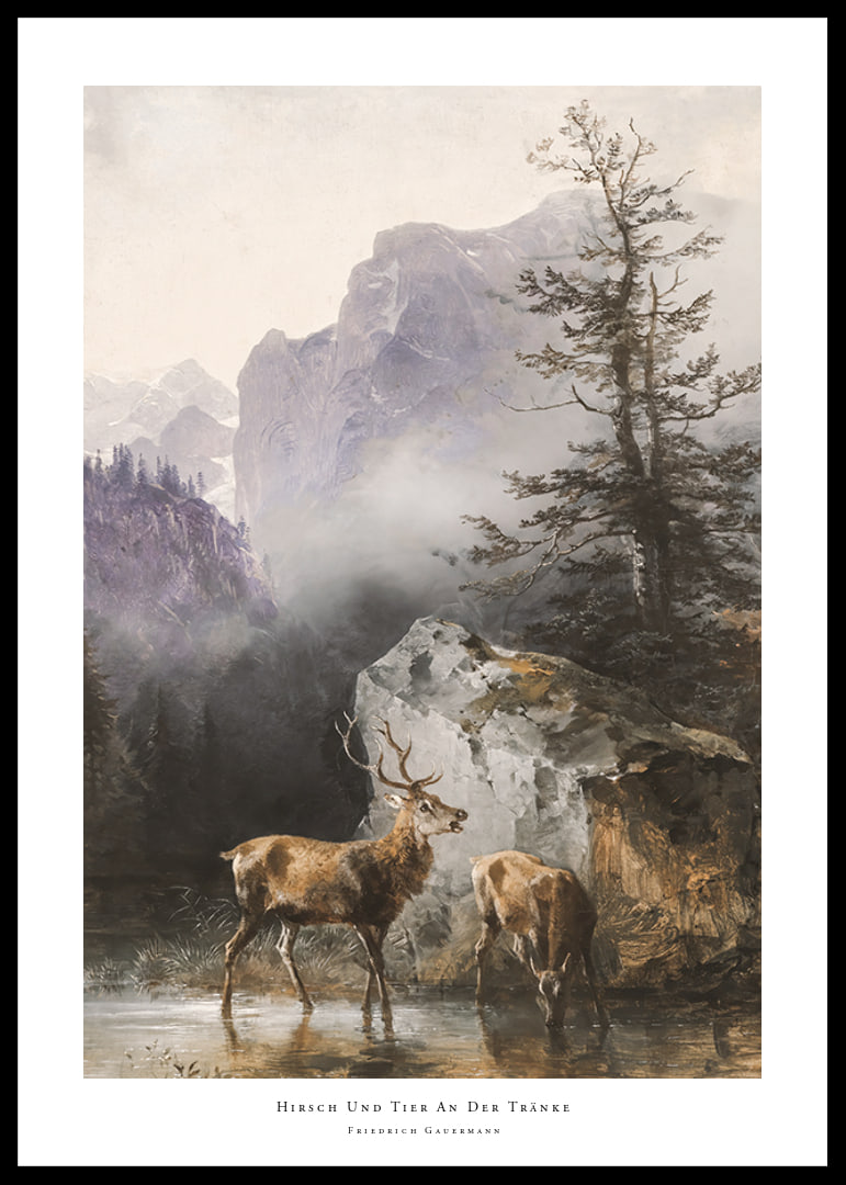 Hirsch Und Tier An Der Tränke By Friedrich Gauermann-12
