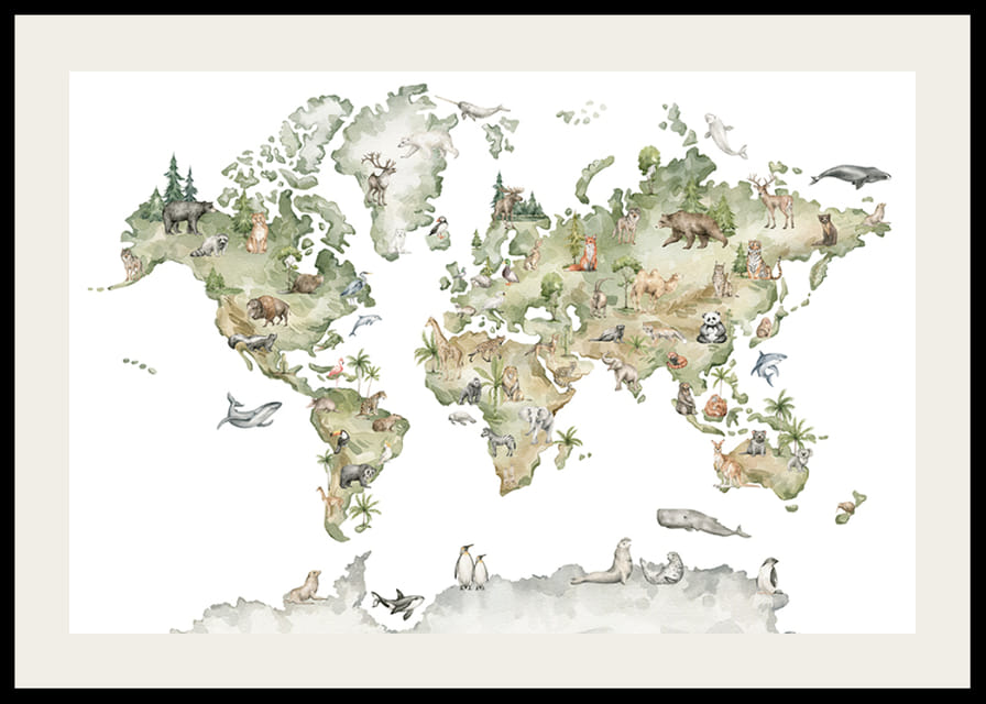 World map with illustrated animals from different continents-12