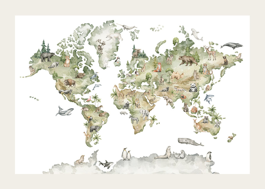World map with illustrated animals from different continents-12