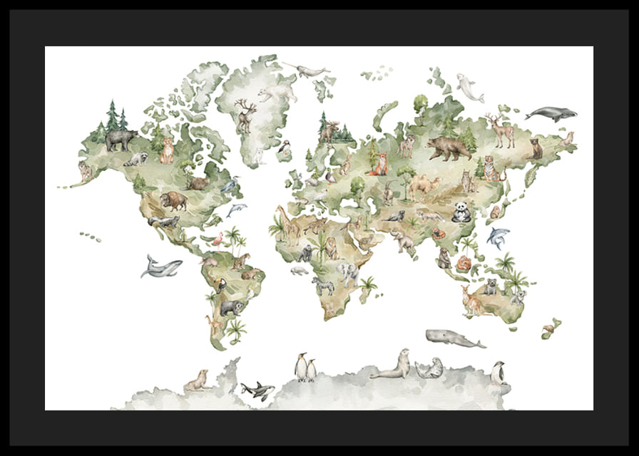 World map with illustrated animals from different continents-12