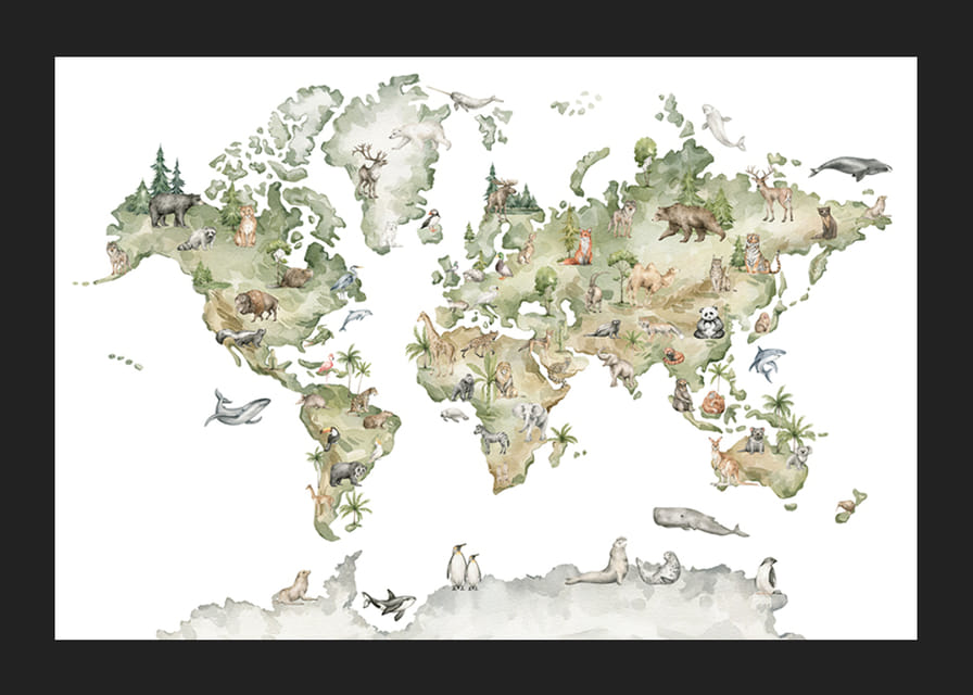 World map with illustrated animals from different continents-12