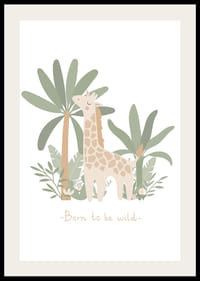 Illustrierte Giraffe zwischen grünen Pflanzen und Palmen in sanften Pastellfarben-2