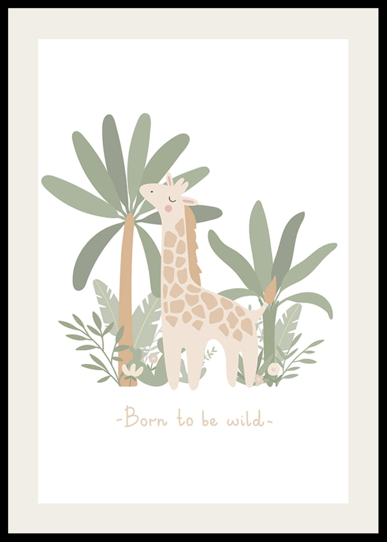 Illustrierte Giraffe zwischen grünen Pflanzen und Palmen in sanften Pastellfarben-12