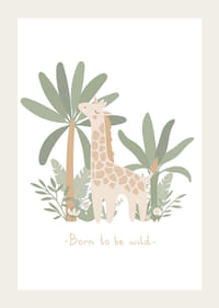 Illustrierte Giraffe zwischen grünen Pflanzen und Palmen in sanften Pastellfarben-3