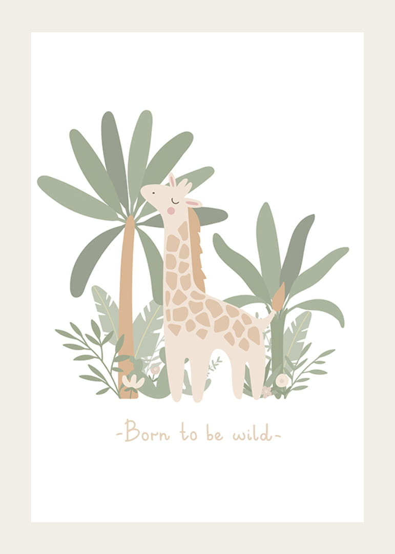 Illustrierte Giraffe zwischen grünen Pflanzen und Palmen in sanften Pastellfarben-12