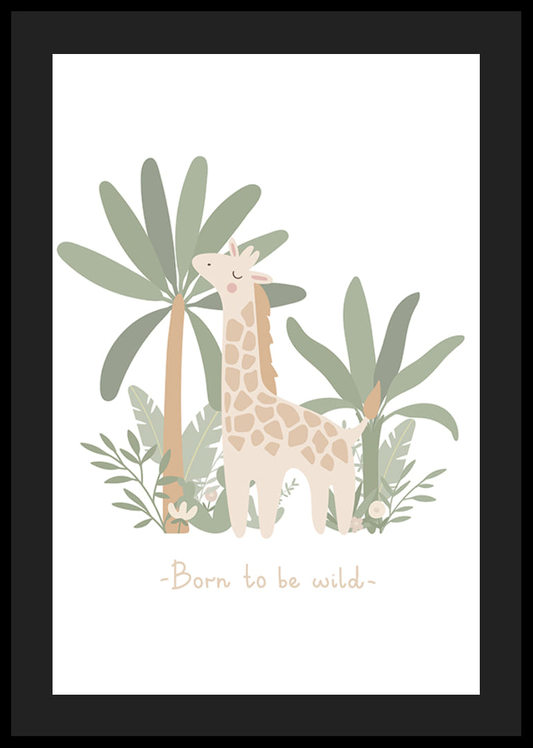 Illustrierte Giraffe zwischen grünen Pflanzen und Palmen in sanften Pastellfarben-12