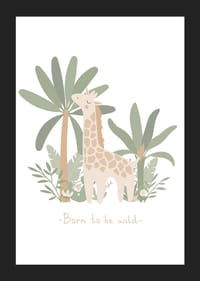 Illustrierte Giraffe zwischen grünen Pflanzen und Palmen in sanften Pastellfarben-5