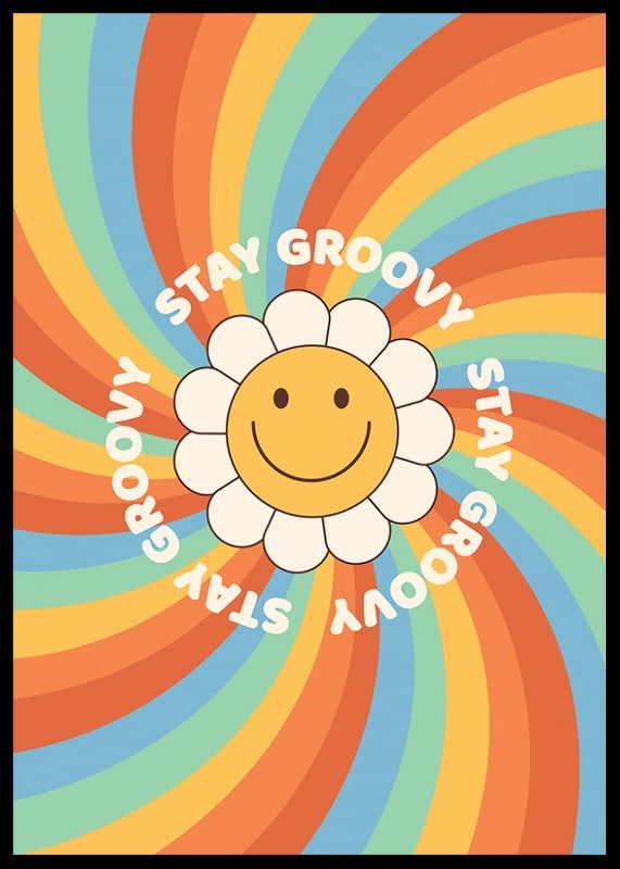 Geïllustreerde bloem met smiley en tekst in retrokleuren-12