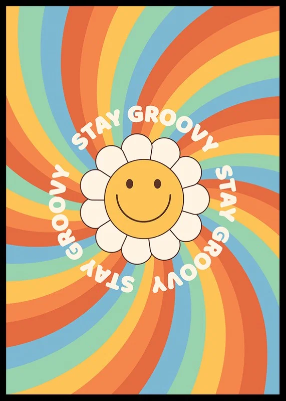 Illustrated flower with smiley and text in retro colors-12