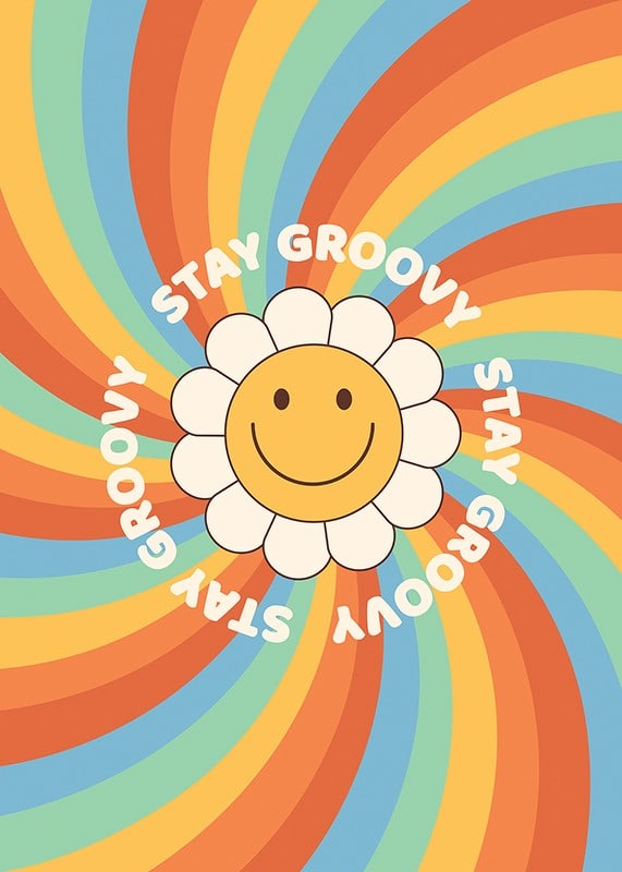 Geïllustreerde bloem met smiley en tekst in retrokleuren-12