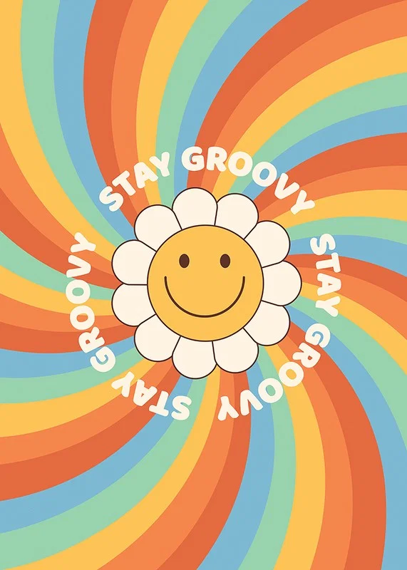 Illustrated flower with smiley and text in retro colors-12