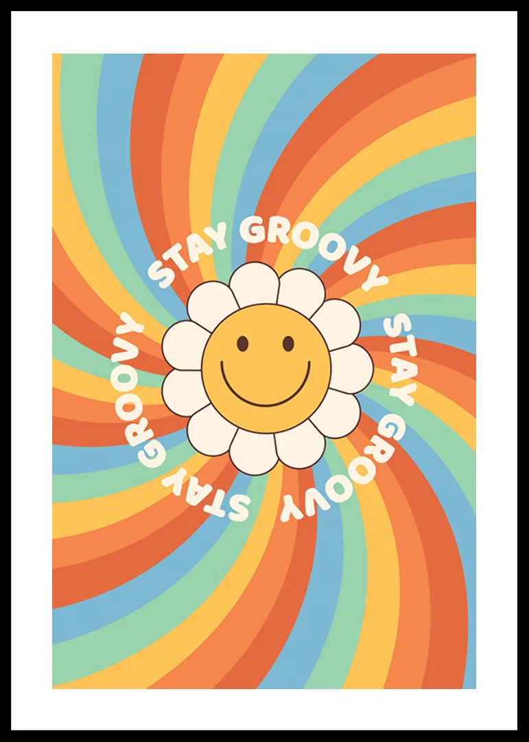 Illustrated flower with smiley and text in retro colors-12