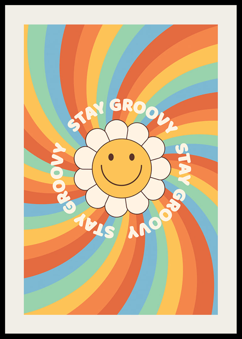 Geïllustreerde bloem met smiley en tekst in retrokleuren-12