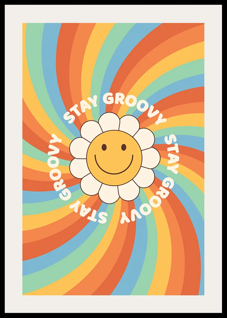 Illustrated flower with smiley and text in retro colors-12