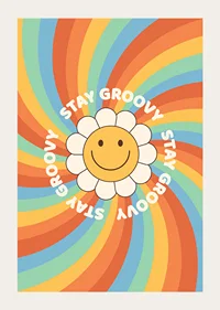 Illustrated flower with smiley and text in retro colors-3