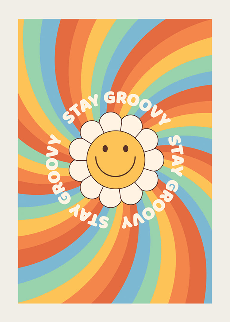 Illustrerad blomma med smiley och text i retrofärger-12