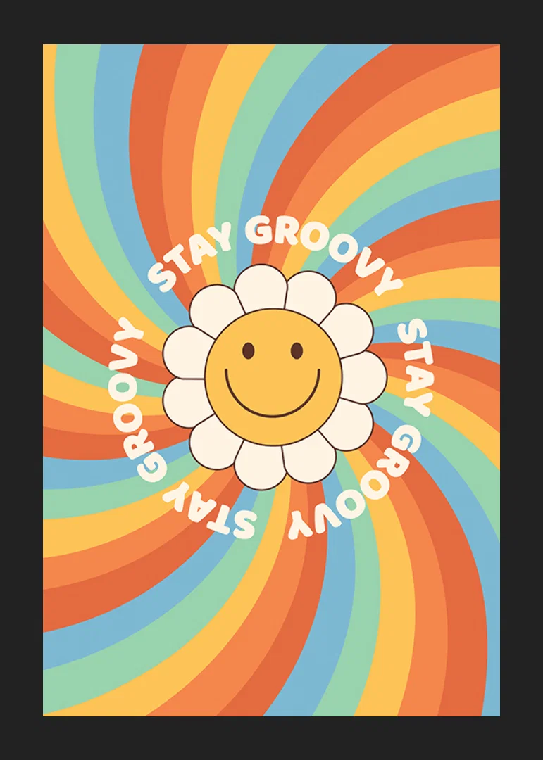 Illustrated flower with smiley and text in retro colors-12