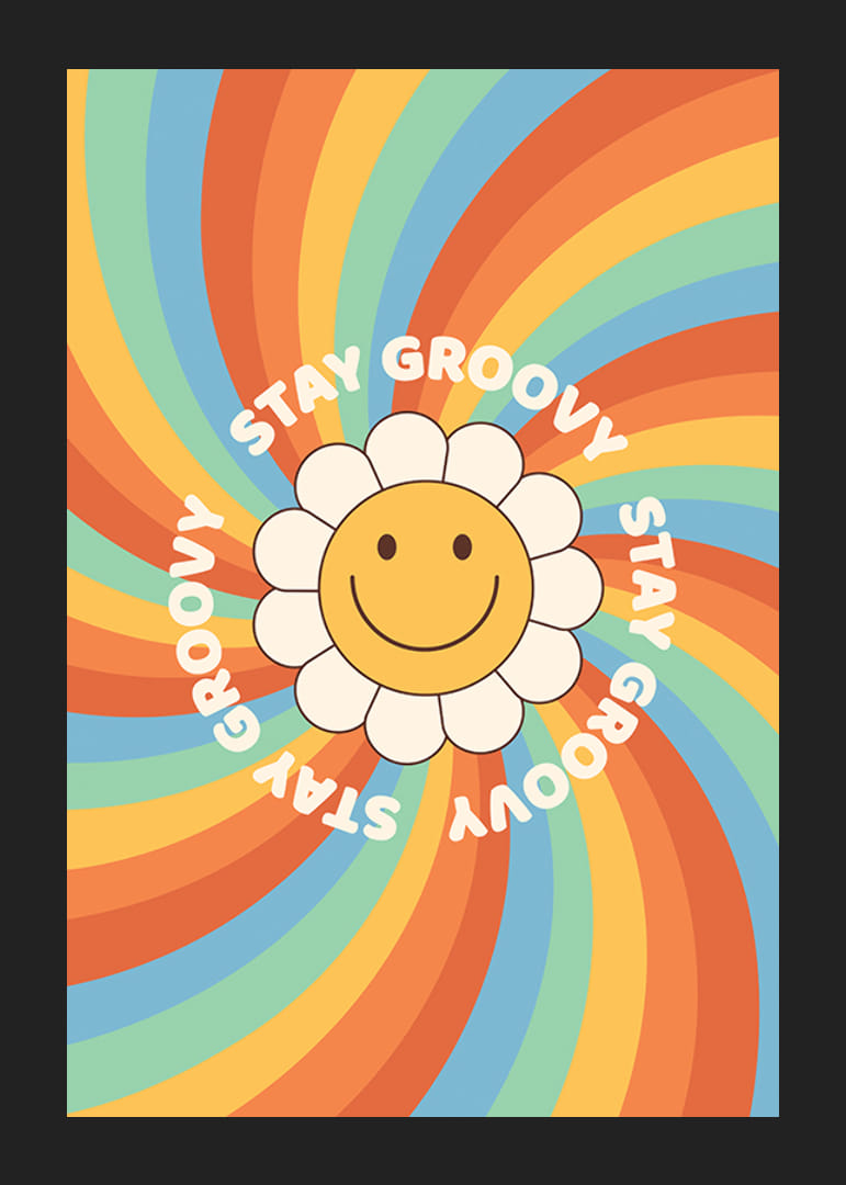 Illustrerad blomma med smiley och text i retrofärger-12