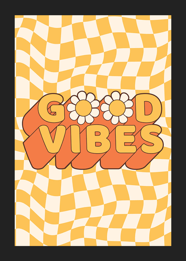 Retrotekst met bloemen en geel geblokt golfpatroon-12