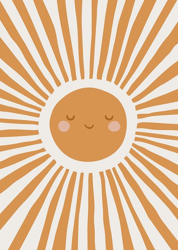 Illustrerad sol med leende ansikte och strålar i orange-12