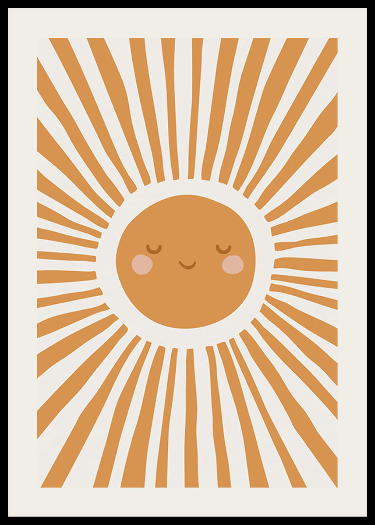 Kuvitettu aurinko hymyilevine kasvoineen ja oransseine säteineen-12