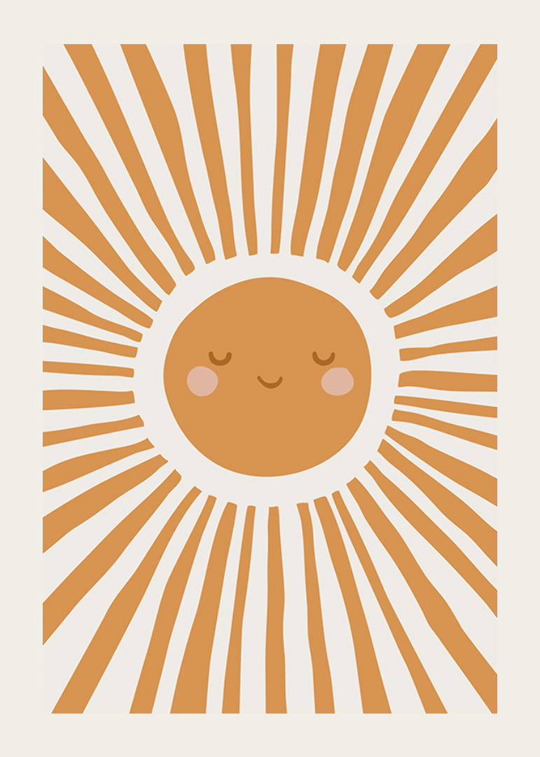 Kuvitettu aurinko hymyilevine kasvoineen ja oransseine säteineen-12